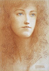 「若い英国人女性の肖像」フェルナン・クノップフ作紙のサングイネ（1858-1921）1890年頃個人コレクション 作： Fernand Khnopff