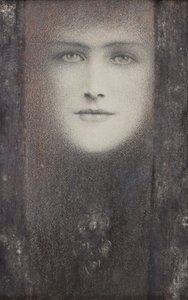 マスク、黒いカーテン、1909年頃（紙に白で強調された色のチョーク） 作： Fernand Khnopff