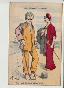 はがき、色の風刺: 彼女の最後の制服 - 14 -18 の戦争 - マリアンヌ、ウィリアム II ゴットローブ (1873-1935) によるイラスト 作： Fernand Louis Gottlob