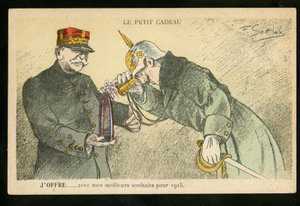 はがき、色の風刺、約。 1914_12: 1915 年のご多幸をお祈りしてささやかな贈り物を差し上げます - 14 -18 年の戦争、カノン、砲弾 - ウィリアム 2 世、ジョッフル イラスト: Gottlob (1873-1935) 作： Fernand Louis Gottlob