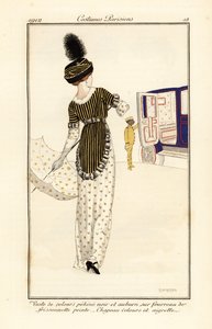 プリントされたシースドレスにペキネ・ベルベットのウエストコートを着た女性 作： Fernand Siméon