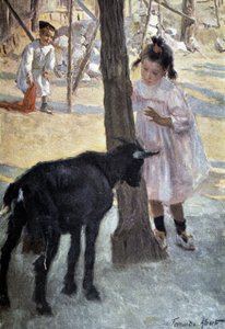 少女とヤギ - 絵画 作： Fernando Alberto