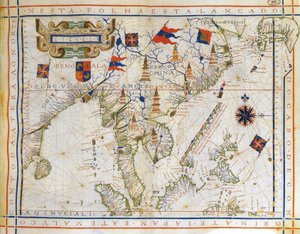 ポルトガルの地図製作者フェルナオ・ヴァズ・ドゥラド（c1520-c1580）による1571年のメルカトル以前の平面図。東インド、ベンガル湾、中国東南部、タイ、ボルネオ、日本の地図。北回帰線と命名されている。 作： Fernao Vaz Dourado