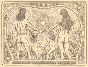 1908年にベルリンで出版されたFritz Heyder Verlag社のポートフォリオ「Lebenszeichen」から、Sonnenwanderer、プレート12。 作： Fidus