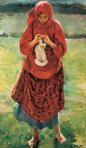 ストッキングを編む若い農民の女性 作： Filipp Andreevich Maliavin