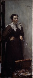 芸術家アンナ・オストロモヴァ・レベデヴァ (Ostroumova-Lebedeva) (1871-1955) の肖像 (芸術家 A. Ostroumova の肖像)。 双眼鏡を鼻に当て、双眼鏡を手に持って、塗装機器の後ろに立って表現されています。 フィリップ・アンドの絵 作： Filipp Andreevich Maliavin