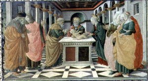 神殿での奉納」（市民博物館の「キリスト降誕祭」祭壇画のプレデラパネル 作： Filippino (and workshop) Lippi
