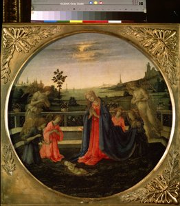 幼子キリストの礼拝。 聖母マリアと天使たちに愛された子イエス・キリスト。 フィリッピーノ リッピ (1457-1504) による絵画、1480 年頃。銅にテンペラ。 フィレンツェの芸術、ルネサンス期。 エルミタージュ美術館、サン・ペト 作： Filippino Lippi
