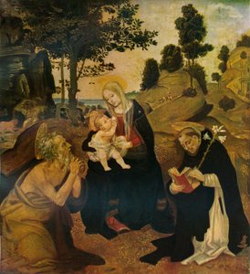 聖人ジェロームとドミニクとの聖母子、c1485、1911 作： Filippino Lippi