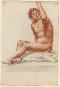 体を左に向け、左腕を上に伸ばし、布の上に座っている男性の図 作： Filippo Esegrenio