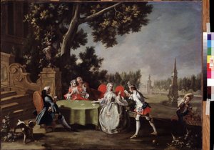 「ザ・カード・パーティー」 庭園でトランプをしているイタリアの貴族のグループ。 フィリッポ・ファルシアトーレ (1718-1768) の絵画 18 世紀 プーシキン美術館、モスクワ 作： Filippo Falciatore
