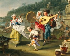 メルジェリーナのタランテッラ」1750年頃、フィリッポ・ファルシアトーレ（1737-1768年活躍）作、油彩・カンヴァス、76,2x102cm、詳細、イタリア 作： Filippo Falciatore