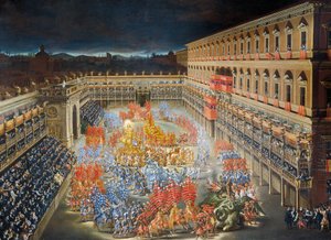 フィリッポ ラウリ (1623-1694) とフィリッポ ガリアルディ (1606-1659) の絵画、1656 年にスウェーデンのクリスティーヌ女王がローマに到着したことを記念して、パラッツォ バルベリーニで祝賀会