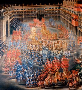 1656年2月28日、クリスティーヌ・ド・スウェード（Cristina di Svezia）を称えるバルベリーニ宮のフェット 詳細。フィリッポ・ラウリ(1623-1694)とフィリッポ・ガリアルディ(1659年没)による絵画。17世紀のローマ、ローマ博物館