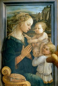 聖母子と二人の天使 木版デトレンプレ フィリッポ・リッピ（1406-1469）作 1465年 約Dim.92x63 cm フィレンツェ、ウフィツィ美術館（オフィス