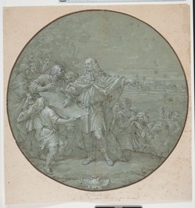 Cosimo III はリヴォルノ港を強化します。 いわゆる「piatti di S. Giovanni」の 1 つであるシルバー プレート用の描画されたテンプレート 作： Filippo Luzi