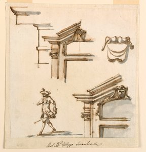 素描、建築詳細、人物習作、1760-75年 作： フィリッポ・マルキオーニ