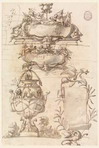 デッサン、2つのエスカッション、装飾花瓶と巻物、1750-75年 作： フィリッポ・マルキオーニ