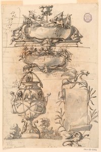 デッサン、2つのエスカッション、装飾花瓶と巻物、1750-75年 作： フィリッポ・マルキオーニ