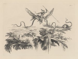 ヤマアラシに似た野生の獣と戦う翼のある蛇に乗った野蛮人 作： Filippo Morghen