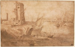 海辺の塔のある風景、1600〜1614年。