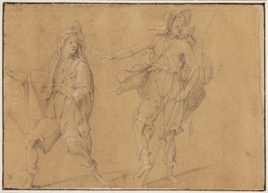 頭にマントをかぶって走る姿と、帽子と杖を持った立っている姿 作： Filippo Paladini