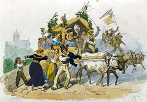 モンテヴェルジーネへの遠足から元気に帰ってくるナポリ人。De Bourcardの "Costumi del regno di Napoli "からF.Palizziが描いたもの。 作： Filippo Palizzi