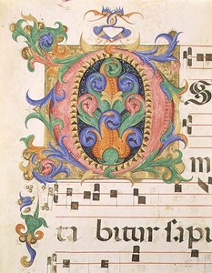 Missal 515 f.123r 葉と空想上の鳥で装飾された頭文字「O」、1449年以前に制作された聖歌隊の楽譜の細部（ヴェラム製） 作： Filippo di Matteo Torelli