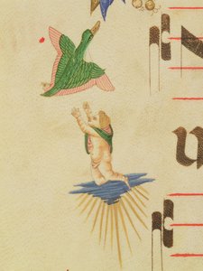 Missal 515 f.13v 1449のベラムの詳細56721の前に実行された合唱団の本の詳細である装飾的な境界線から、飛んでいる鳥を捕まえようとするマントの天使