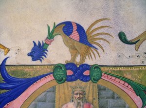 Missal 515 f.13v人間の顔をした幻想的な2本足の生き物、1449年以前に実行された合唱団の本の装飾的なボーダーの詳細（56721の詳細）