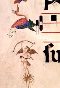 Missal 515 f.5r 弓と目に見えない矢でコウノトリを射るケルブ、1449年以前に制作された聖歌隊の本の装飾枠の詳細（ヴェラム製） 作： Filippo di Matteo Torelli