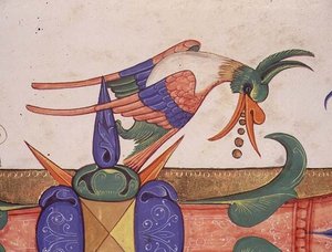Missal 515 f.72v 幻想的な鳥、1449年以前の合唱曲集の歴史的なイニシャル「L」の装飾の詳細（ヴェラム）（56719の詳細