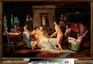 お風呂での結婚披露宴の前夜 - モミ・セルゲイヴィッチ・ズラヴィエフ（1836-1901）による絵画、キャンバスに油彩1885年、ロシア美術 作： Firs Sergeevich Zhuravlev