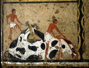 エジプトの古代性：石棺の前で雄牛が生け贄にされる。ルクソール近郊のエル・ゲベレンにあるイティ王の将軍兼宰相の墓から出土した粘土と藁を使ったデトレンペ。紀元前2200-2000年。トリノ、エジプト博物館