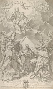ボローニャの守護聖人は、雲の中に座っている聖母を上に見ています..., 1640-50. 作： Flaminio Torre