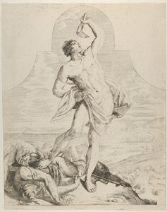 ロバのあごの骨を頭の上にかざし、フィリスの隣に立っているサムソン... 1640-60。 作： Flaminio Torre