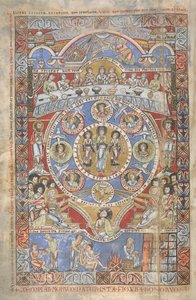 追加。 17738、f.3vヨブ記の冒頭の詩の解釈、「フロレフ聖書」のイラスト、ムーズバレー、1155年頃（ベラムにインク、色、金） 作： Flemish School