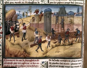 十字軍エルサレムの城壁を登る十字軍」。Histoire des Cr...』より。 作： Flemish School
