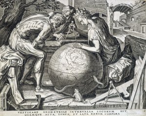 地球儀の上でコンパスを持って寄りかかっているキャラクター（幾何学の寓意） - フランドル地方の彫刻 作： Flemish School