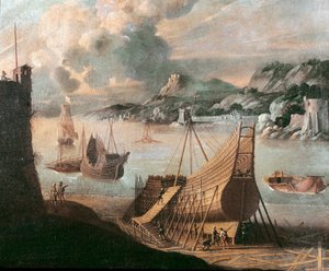 ジェノバの造船所でのガレオン船の建造（絵画 作： Flemish School