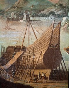 ジェノバの造船所でのガレオン船の建造（詳細。絵画 作： Flemish School