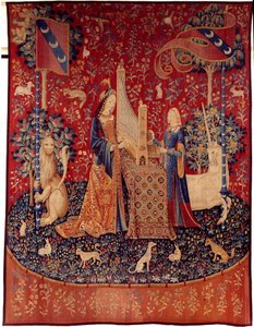 ユニコーンの貴婦人のカーテン（Lady of the Unicorn）：ヒアリング。1484年から1500年にかけて製作された羊毛と絹のタペストリー。CreuseのChateau de Boussac（ブサック城）より。ディム。3,7x4,7 m パリ、国立中世博物館、テルム・ド・クリュニー 作： Flemish School