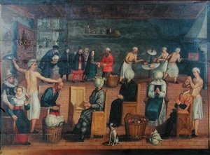 斬首と頭をキャベツに置き換える：頭を焼いて化粧をする（キャンバスに油彩） 作： Flemish School
