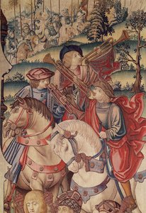 ダビデとバトシェバのタペストリーからの馬に乗ったトランペッターの詳細、1510-15 作： Flemish School