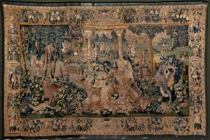 フランダースのタペストリー。 パーゴラと大きな獣のいる風景、2 つの柱。 アウデナールデのスタジオ。 319×508cm。 Inv 0023。17世紀。 作： Flemish School