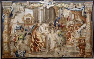 フランダースのタペストリー。 シリーズ 聖体の神格化。 モーセ律法の犠牲 (Sacrificio de la Ley Mosaica)。 ルーベンスのオリジナルからコピーされたモデル漫画。 ブリュッセルの製造。 フランス・ヴァン・デン・ヘッケによる製造。 17世紀半ば。 ファブリック シルクとウール、 作： Flemish School