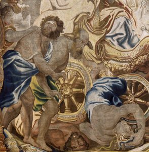 フランダースのタペストリー。 シリーズ 聖体の神格化。 教会の勝利 (Triunfo de la Iglesia)。 ルーベンスのオリジナルからコピーされたモデル漫画。 ブリュッセルの製造。 フランス・ヴァン・デン・ヘッケによる製造。 17世紀半ば。 生地 シルクとウール、縦糸 7/8 作： Flemish School