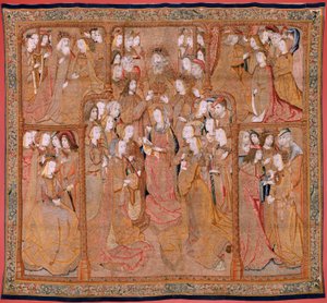 フランダースのタペストリー。 シリーズ 聖母または黄金の布の献身。 聖母の戴冠式 (La Coronación de la Virgen)。 シリーズ4作目のタペストリー。 Colyn de Coterのサークルのモデル漫画家。 ブリュッセルのピーター・ファン・アールストのマニュファクチュール。 Ca 1500-15 作： Flemish School