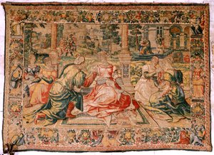 フランダースのタペストリー。 シリーズ マーク アンソニーとクレオパトラ。 クレオパトラと宮廷 (Cleopatra en su corte)。 Pieter Coecke van Aelst によるモデル漫画。 ブリュッセル(?)を製造。 16世紀後半。 ファブリック シルクとウール。 サイズ 310×435cm。 元 作： Flemish School