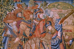 フランダースのタペストリー。 シリーズ道徳：名誉の美徳（De deugd van de Honores、名誉の美徳）。 1520年頃。 詳細 作： Flemish School